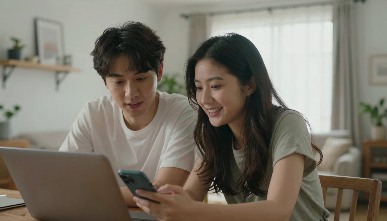 Young couple collaborating on free ugc content, bright airy apartment, authentic candid moment - free ugc