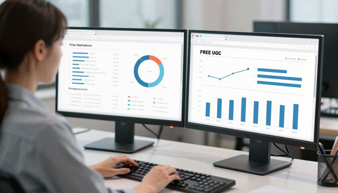 Female data analyst reviewing free ugc performance metrics, dual monitors, clean modern workspace - free ugc