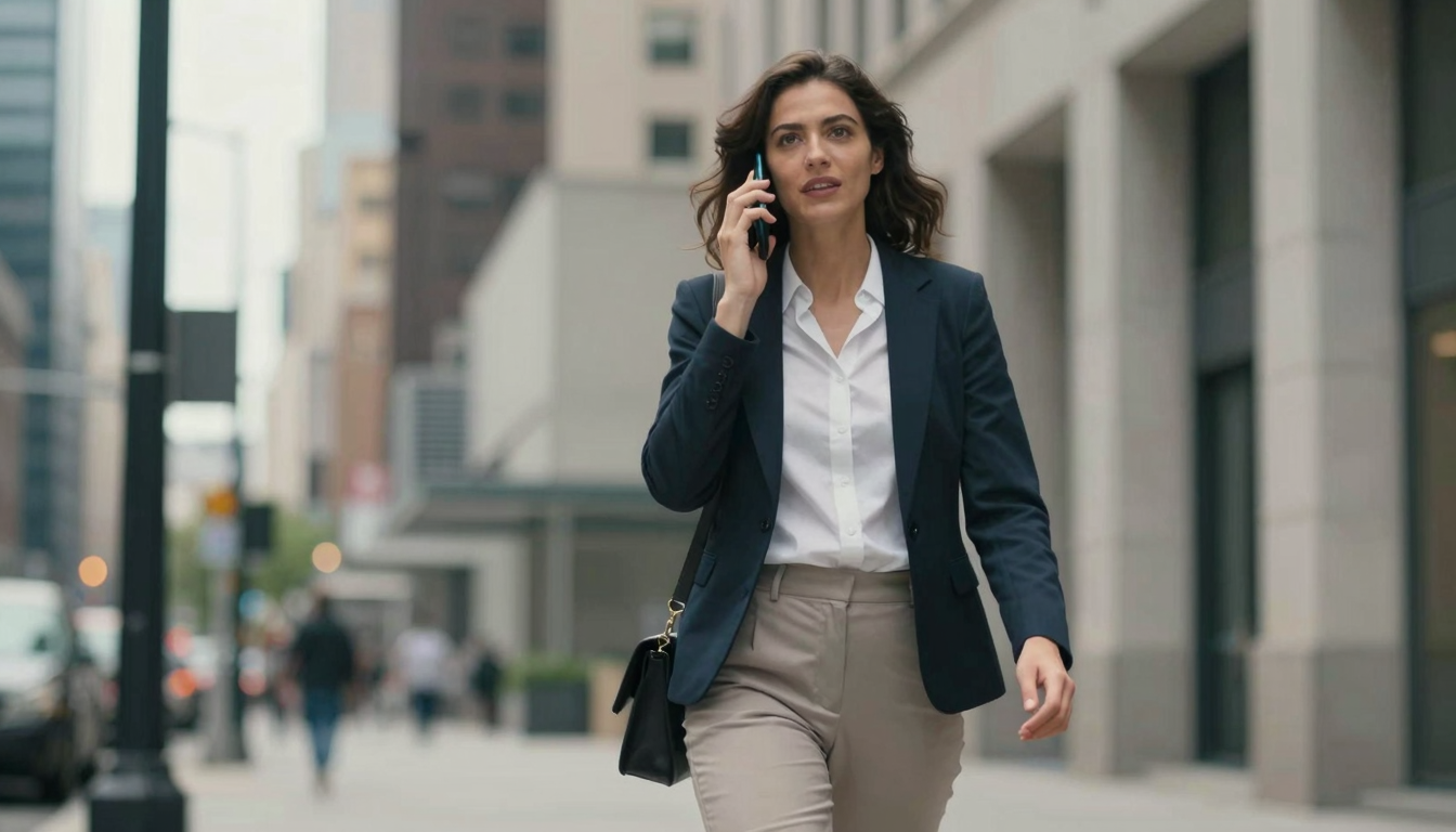Business woman on phone discussing free ugc strategy, walking in urban downtown, confident stride - free ugc