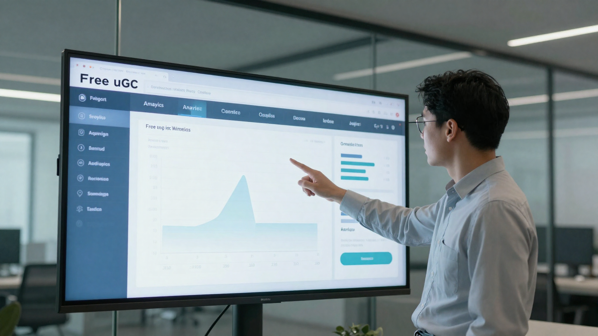 Marketing professional pointing at free ugc analytics dashboard on large screen, modern glass office - free ugc
