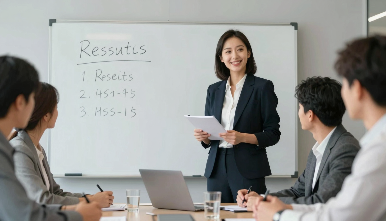 Professional woman presenting a-ads results in team meeting, modern conference room, whiteboard behind - a-ads