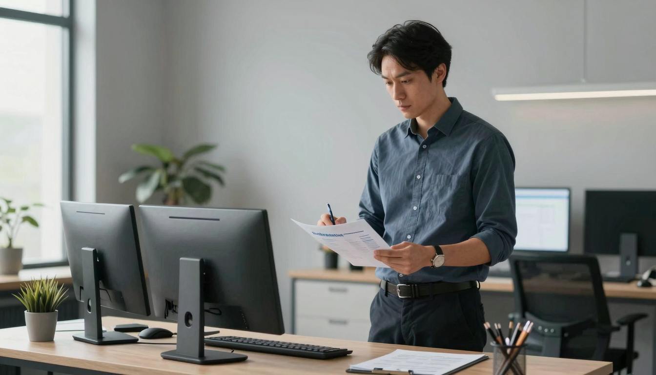 Male agency owner presenting a-ads client results, standing desk setup, modern minimalist room - a-ads