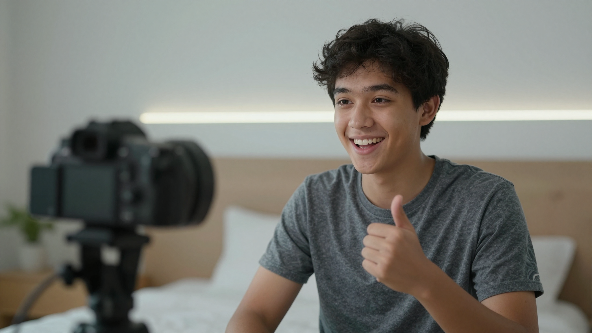 Young creator filming a-ads testimonial, bedroom setup with LED strips, genuine enthusiastic smile - a-ads