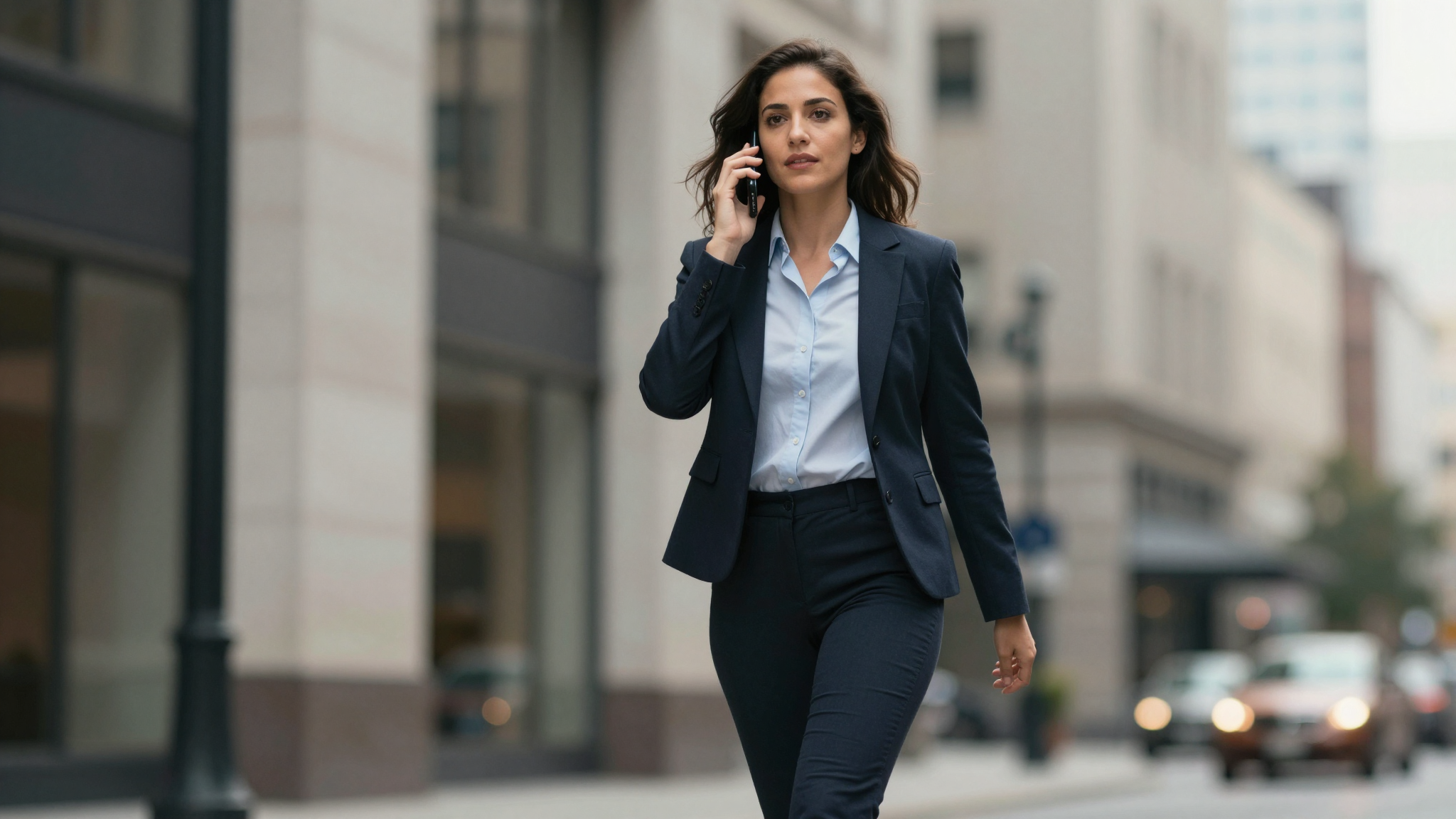 Business woman on phone discussing a-ads strategy, walking in urban downtown, confident stride - a-ads