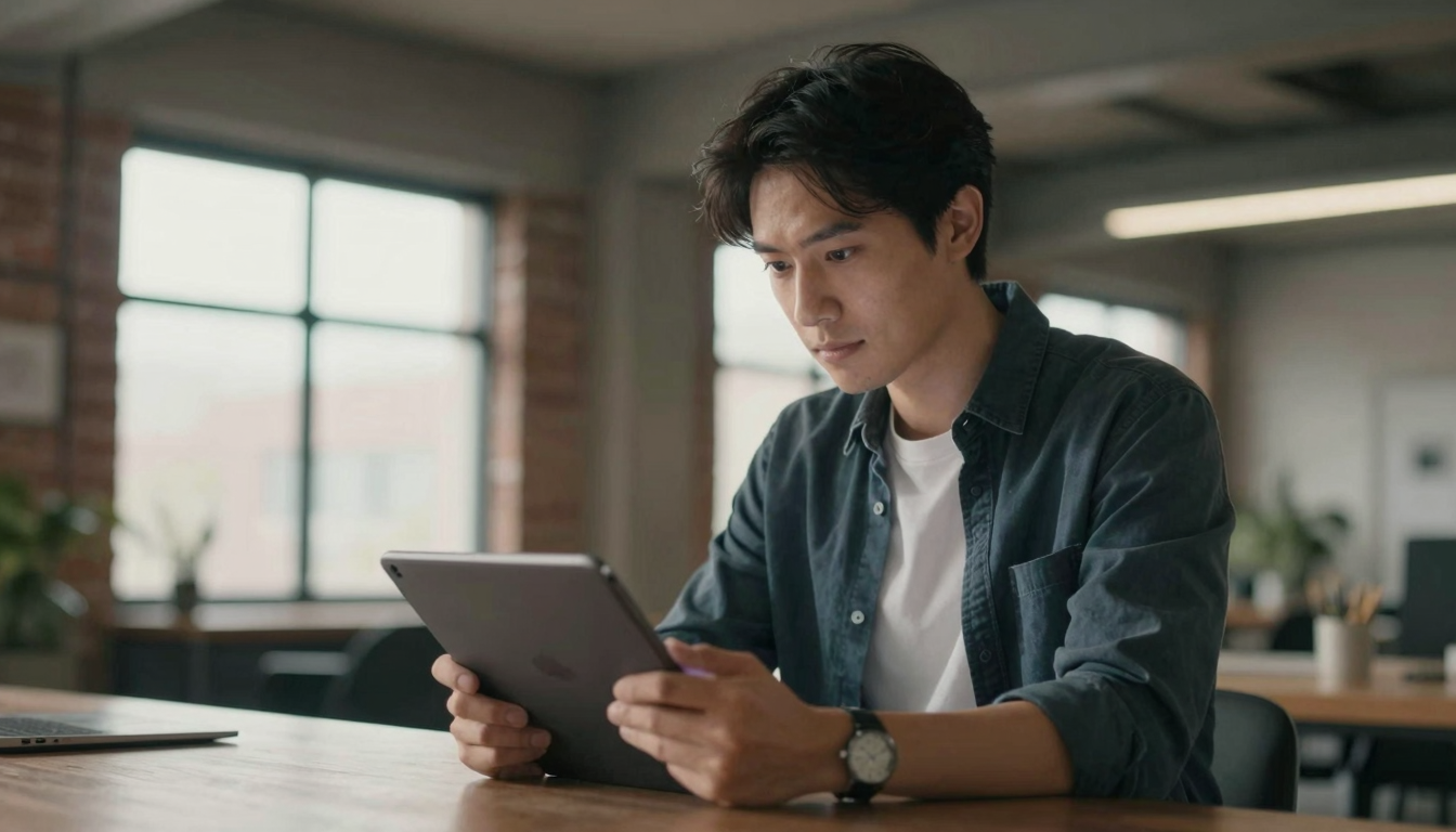 Creative director brainstorming a-ads campaign ideas on tablet, industrial loft with exposed brick - a-ads