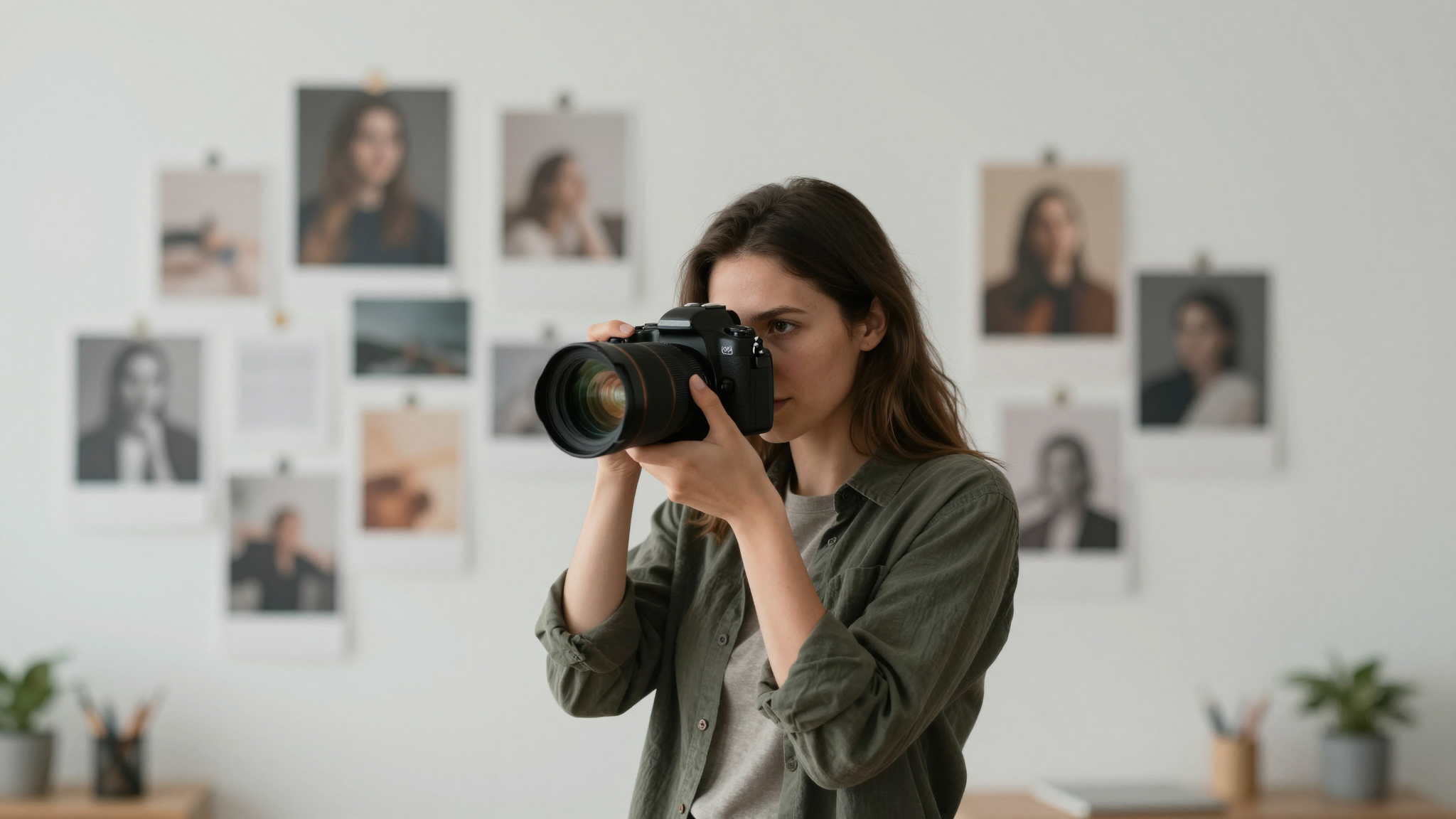Female photographer using a-ads for client work, creative studio with mood boards on wall - a-ads