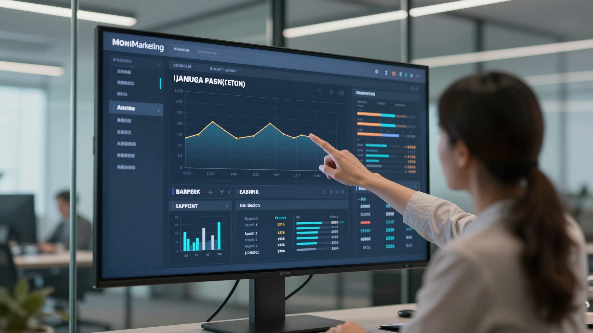 Marketing professional pointing at a-ads analytics dashboard on large screen, modern glass office - a-ads
