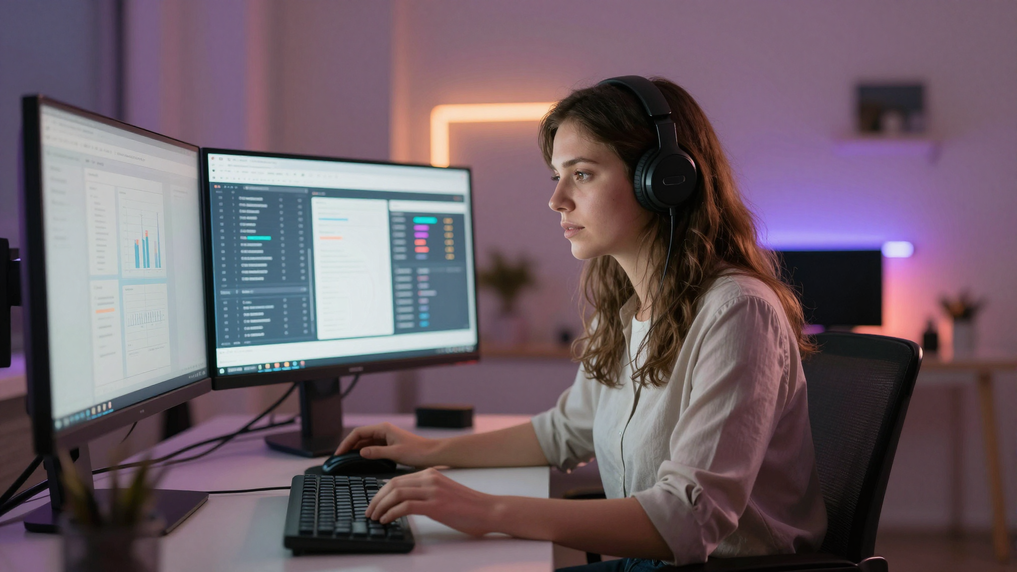 Female digital marketer analyzing a-ads data on dual monitors, neon-lit home office, focused expression - a-ads