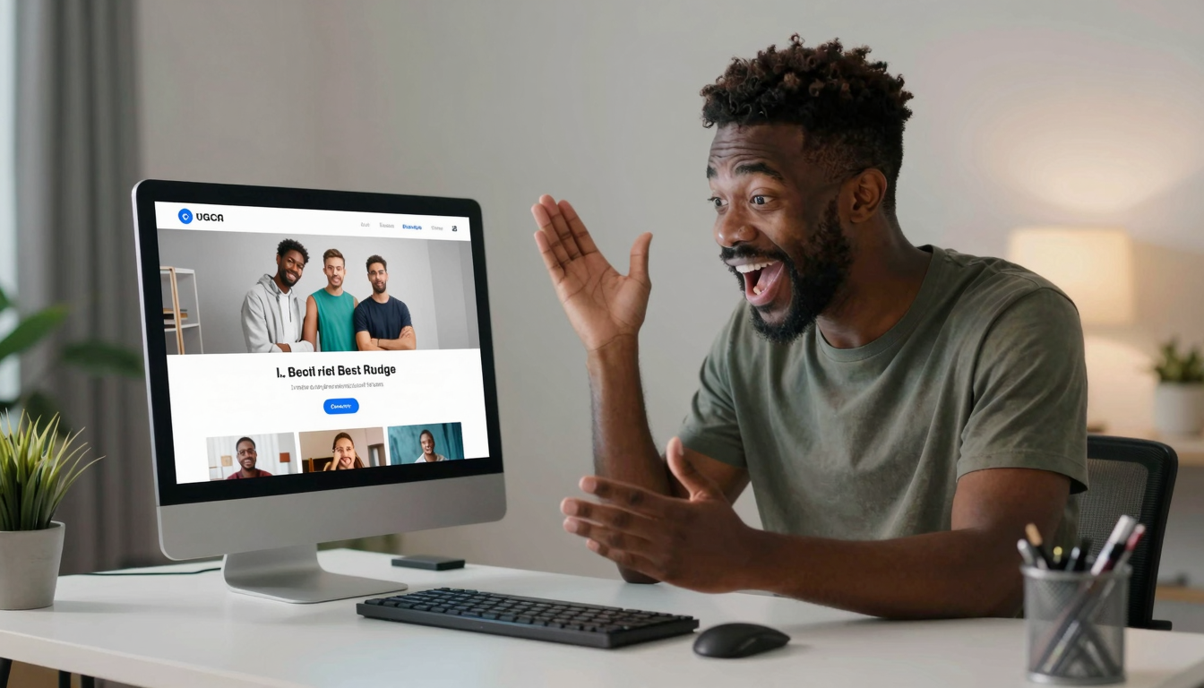 Black male tech enthusiast unboxing best-rated platforms for quick ugc product ad videos tool, clean desk setup, excited genuine reaction - best-rated platforms for quick ugc product ad videos