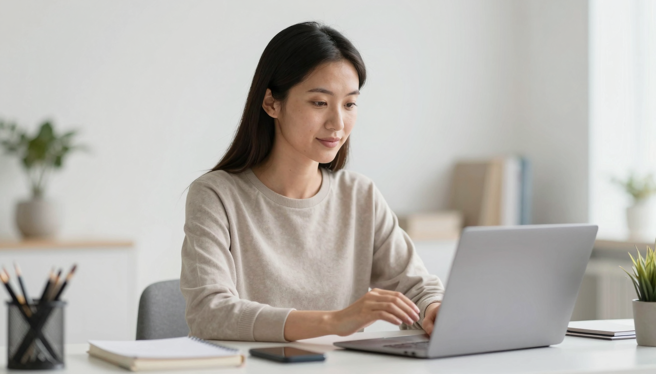 Woman in her 30s discussing best-rated platforms for quick ugc product ad videos on video call in minimalist Scandinavian office, soft lighting - best-rated platforms for quick ugc product ad videos