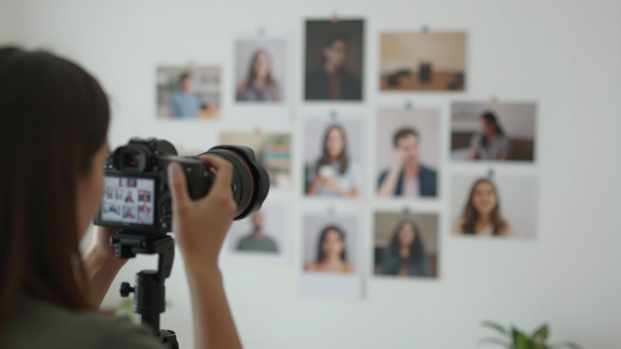 Female photographer using best-rated platforms for quick ugc product ad videos for client work, creative studio with mood boards on wall - best-rated platforms for quick ugc product ad videos