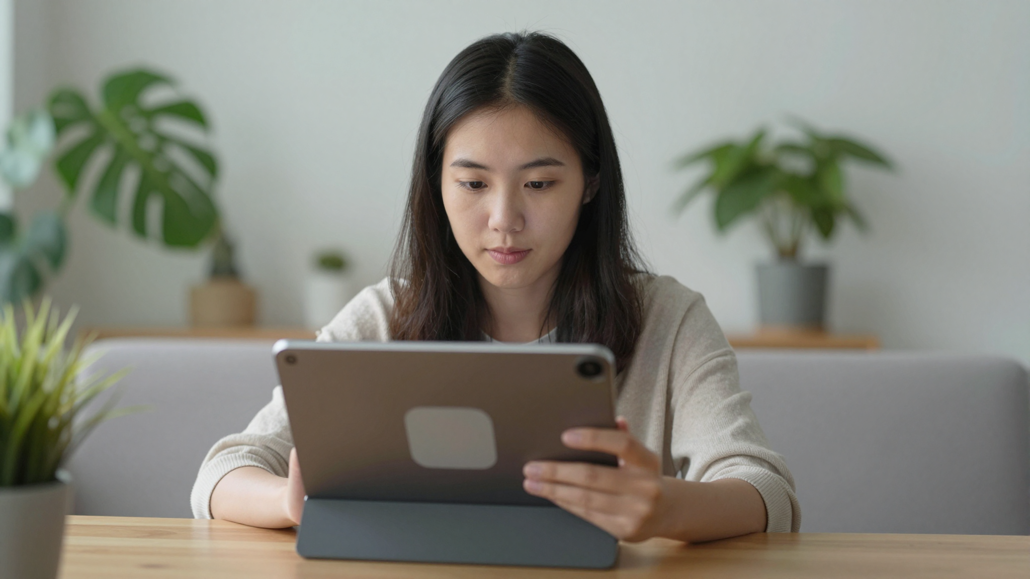 Young Asian woman testing best-rated platforms for quick ugc product ad videos platform on tablet, cozy home setting, plants in background - best-rated platforms for quick ugc product ad videos