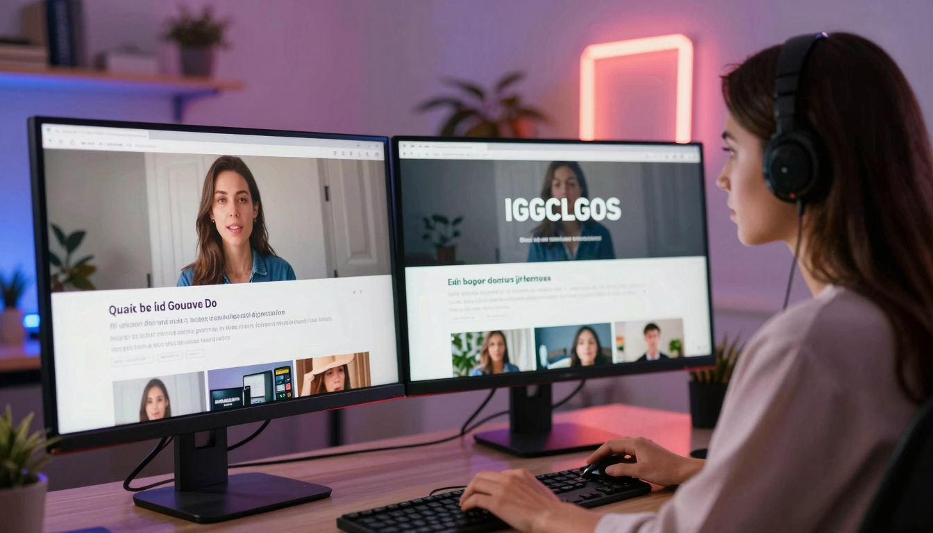 Female digital marketer analyzing best-rated platforms for quick ugc product ad videos data on dual monitors, neon-lit home office, focused expression - best-rated platforms for quick ugc product ad videos