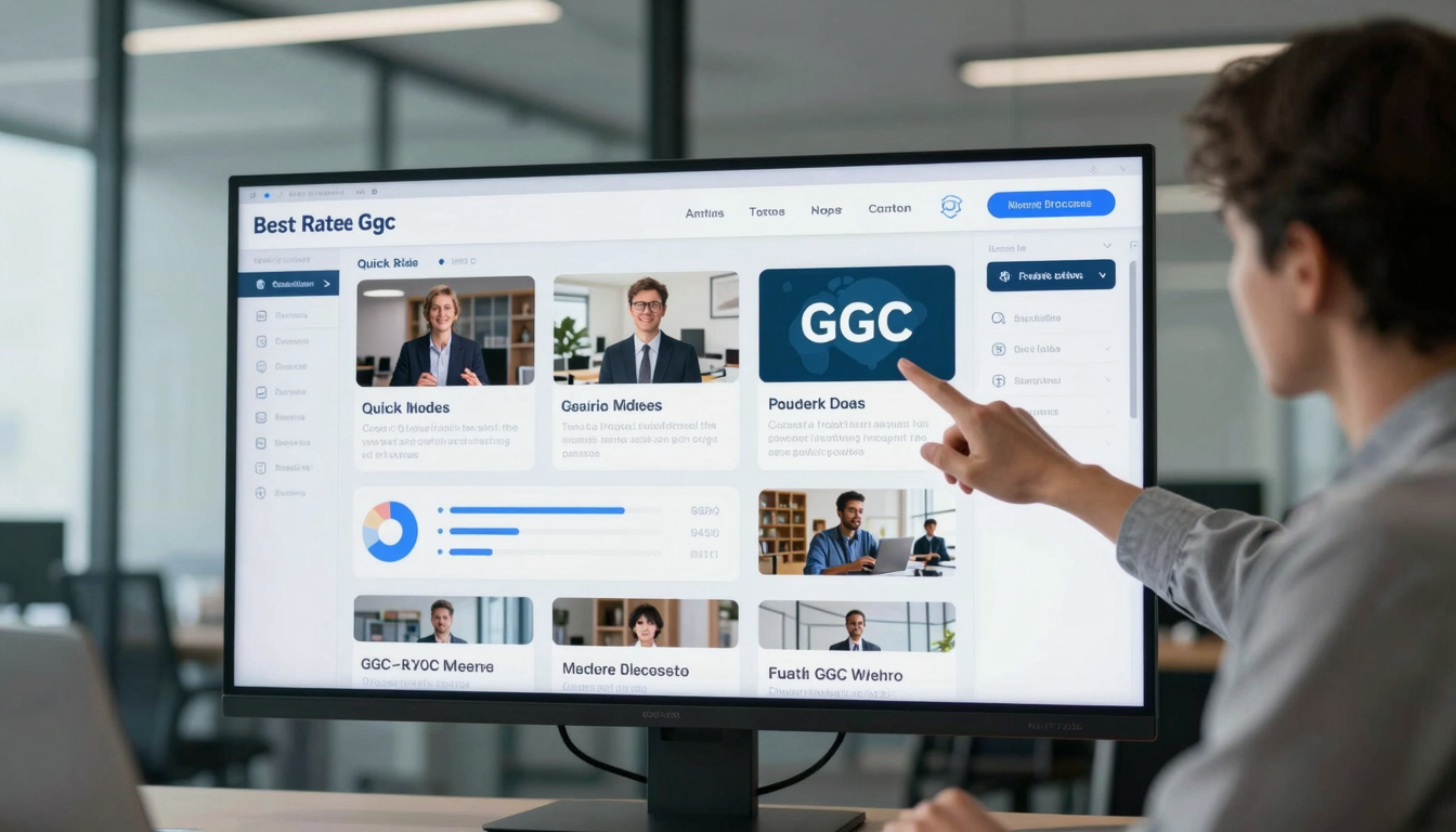 Marketing professional pointing at best-rated platforms for quick ugc product ad videos analytics dashboard on large screen, modern glass office - best-rated platforms for quick ugc product ad videos