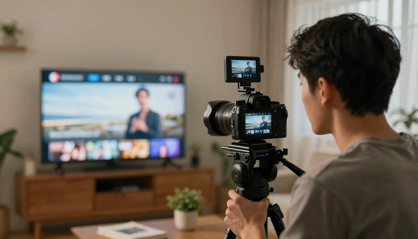 Young man filming best-rated platforms for quick ugc product ad videos review video with professional camera setup, studio apartment, warm tones - best-rated platforms for quick ugc product ad videos