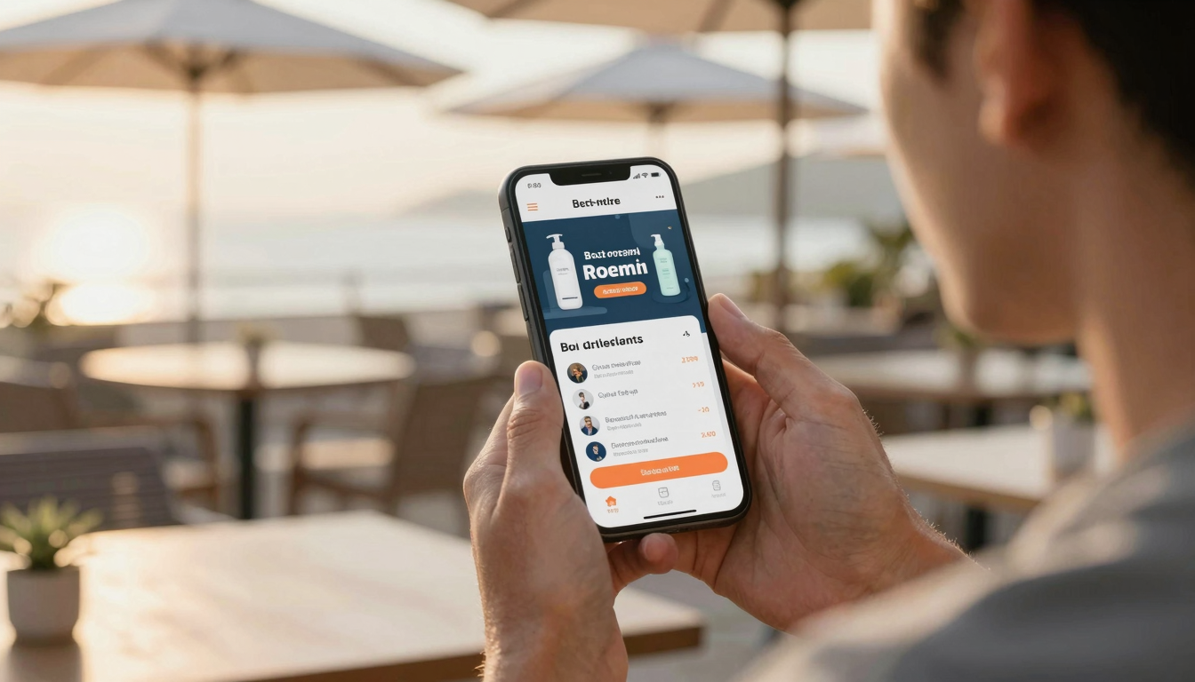 Male freelancer comparing best-rated platforms for quick ugc product ad videos options on phone, outdoor cafe terrace, golden hour lighting - best-rated platforms for quick ugc product ad videos