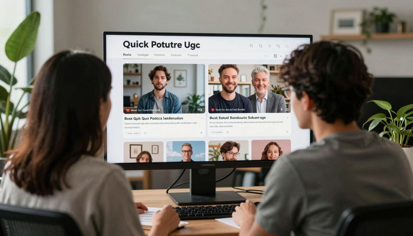 Creative team of two reviewing best-rated platforms for quick ugc product ad videos output on shared screen, trendy office with plants - best-rated platforms for quick ugc product ad videos