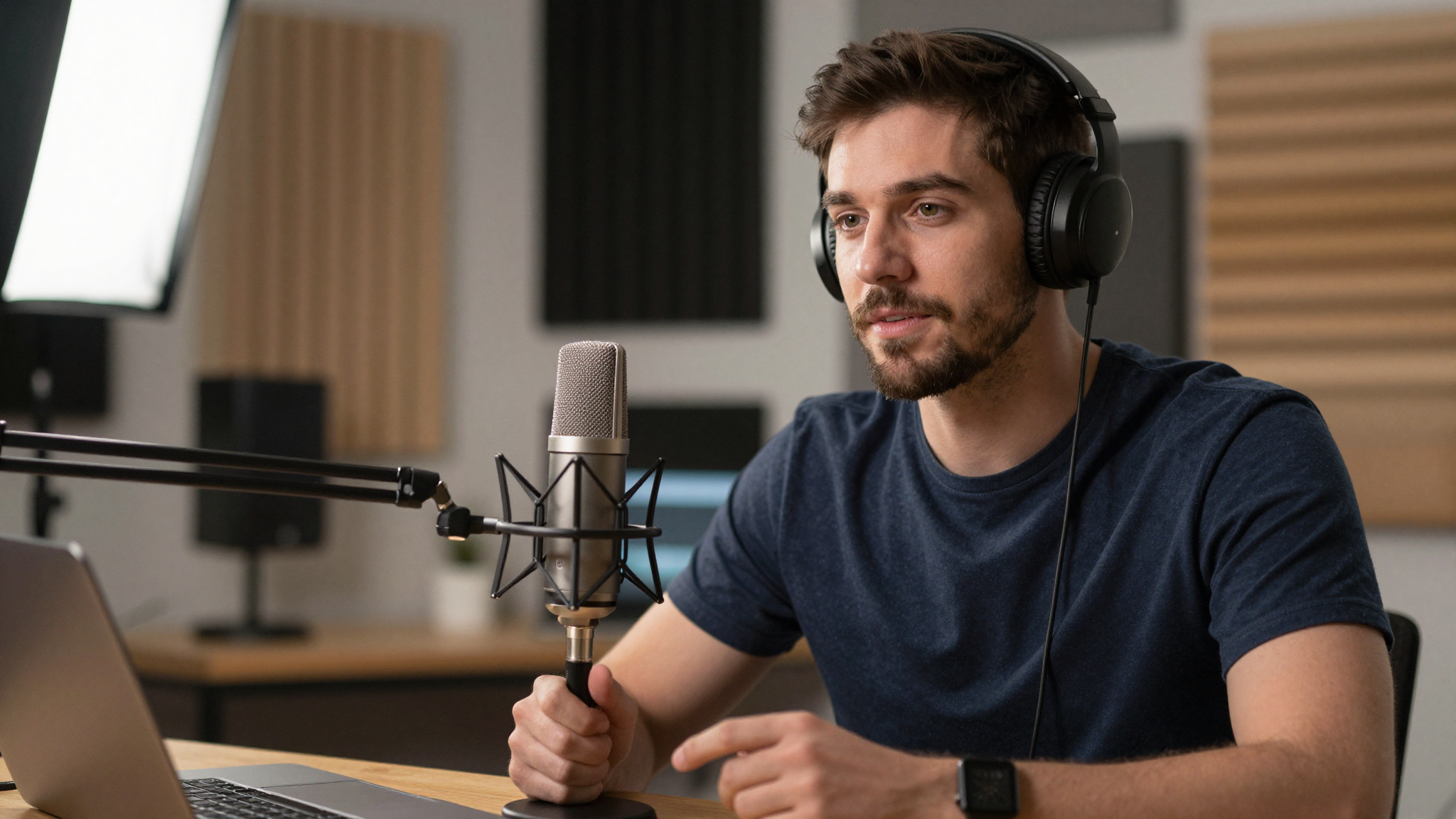 Male vlogger discussing top ai platforms for creating ugc brand videos trends, home studio with acoustic panels, professional microphone - top ai platforms for creating ugc brand videos