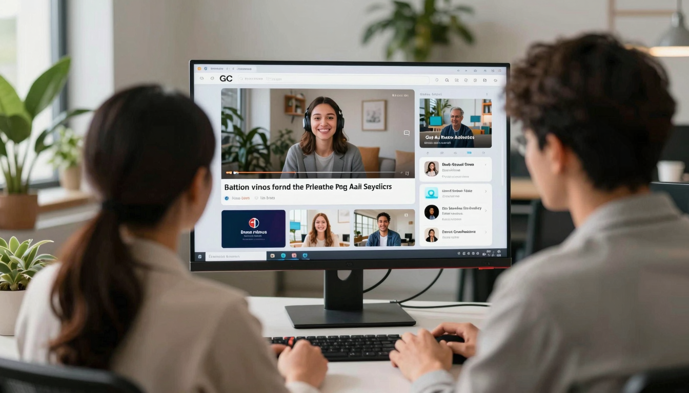 Creative team of two reviewing top ai platforms for creating ugc brand videos output on shared screen, trendy office with plants - top ai platforms for creating ugc brand videos