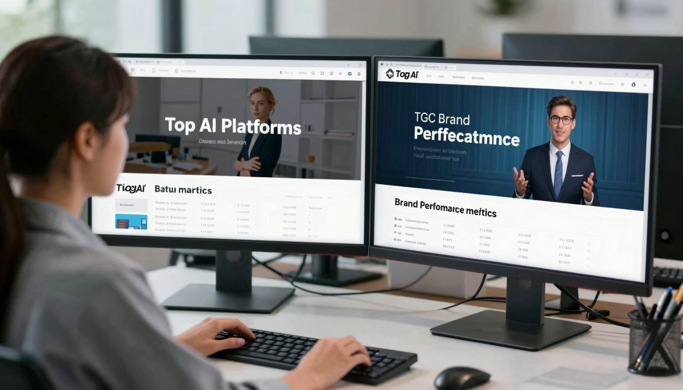 Female data analyst reviewing top ai platforms for creating ugc brand videos performance metrics, dual monitors, clean modern workspace - top ai platforms for creating ugc brand videos