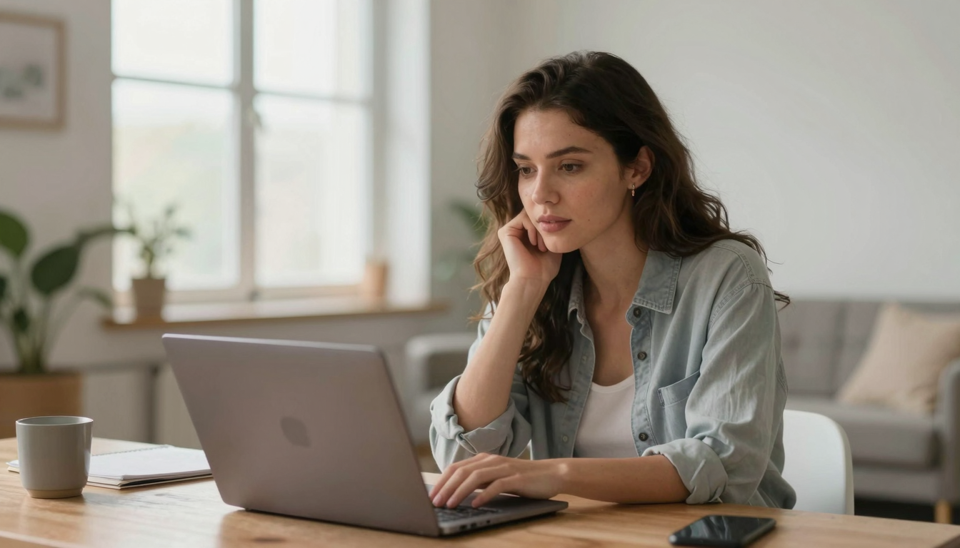 Young woman content creator reviewing top ai platforms for creating ugc brand videos on laptop in a bright modern loft, natural window light, casual stylish outfit - top ai platforms for creating ugc brand videos