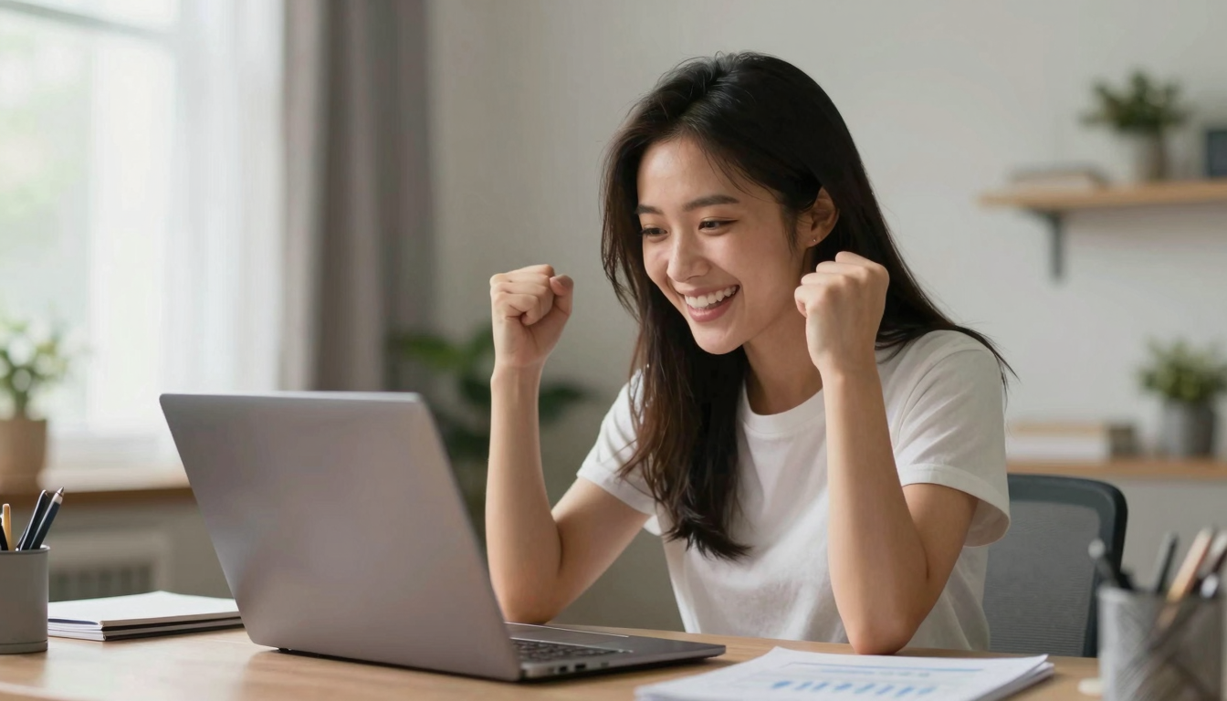 Young woman celebrating top ai platforms for creating ugc brand videos campaign success, laptop open with graphs, fist pump expression - top ai platforms for creating ugc brand videos
