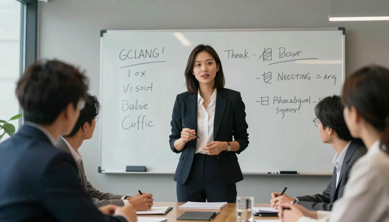 Professional woman presenting top ai platforms for creating ugc brand videos results in team meeting, modern conference room, whiteboard behind - top ai platforms for creating ugc brand videos