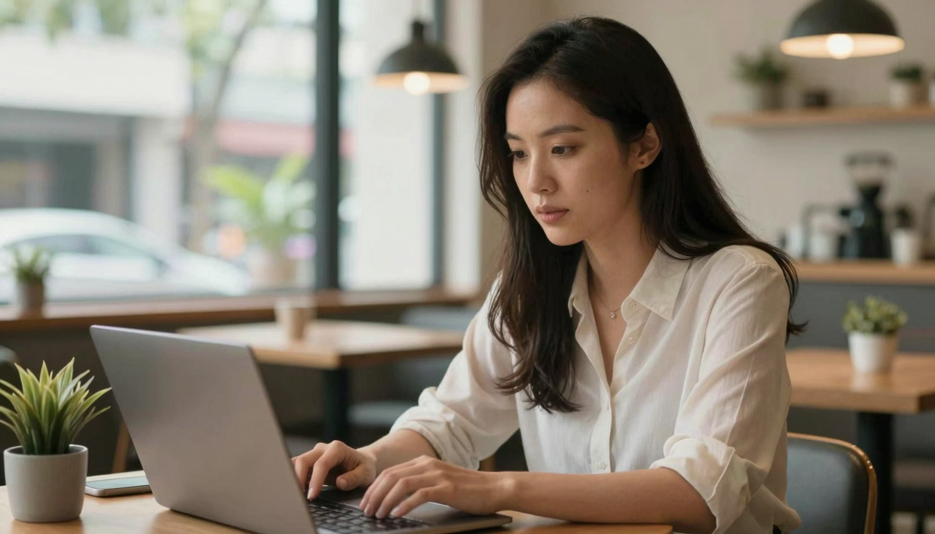 Female startup founder working on top ai platforms for creating ugc brand videos project in trendy cafe, natural daylight, determined expression - top ai platforms for creating ugc brand videos