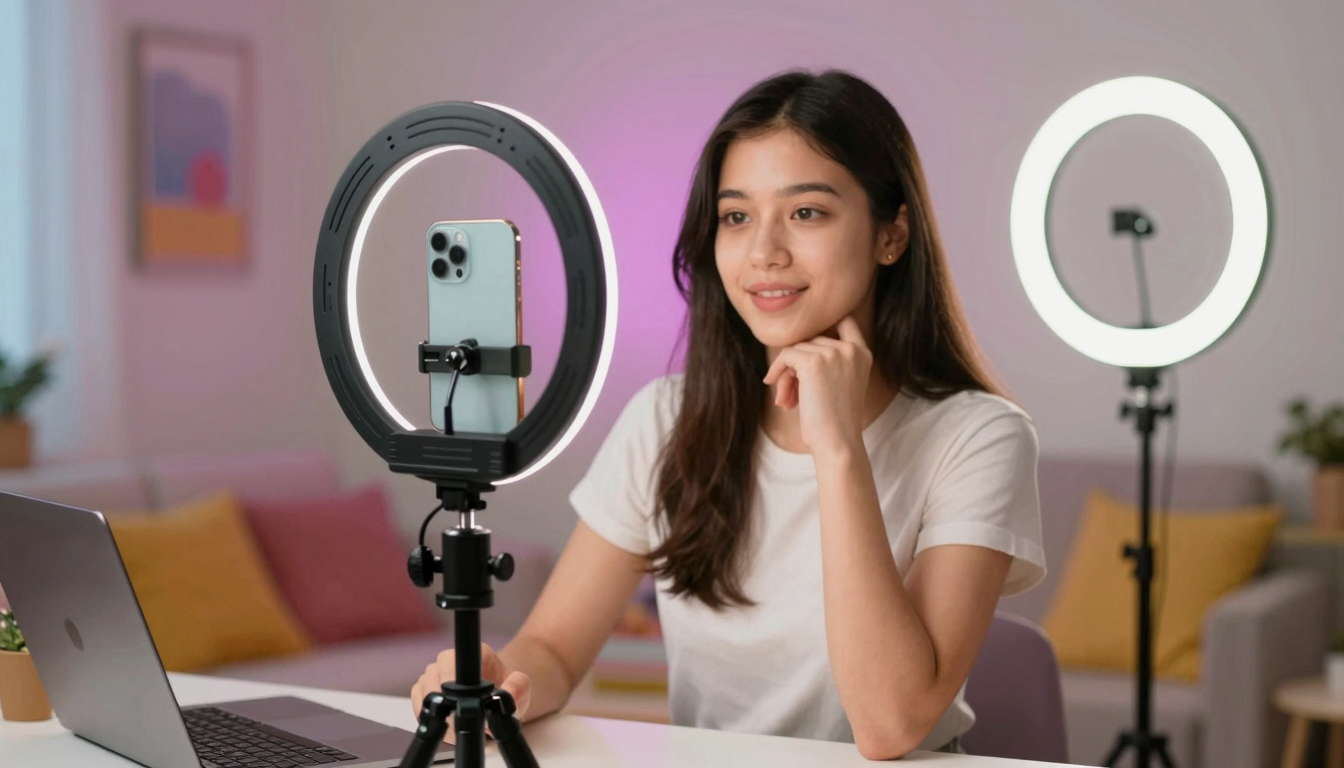 Gen Z influencer creating top ai platforms for creating ugc brand videos content with smartphone on tripod, colorful bedroom setup, ring light - top ai platforms for creating ugc brand videos