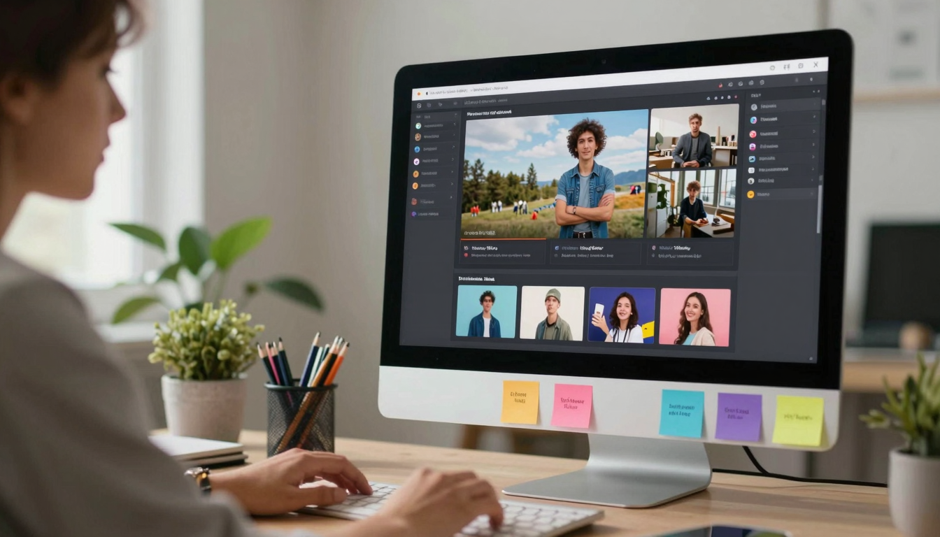 Young designer prototyping top ai platforms for creating ugc brand videos visual content, iMac setup, colorful stickers on desk - top ai platforms for creating ugc brand videos