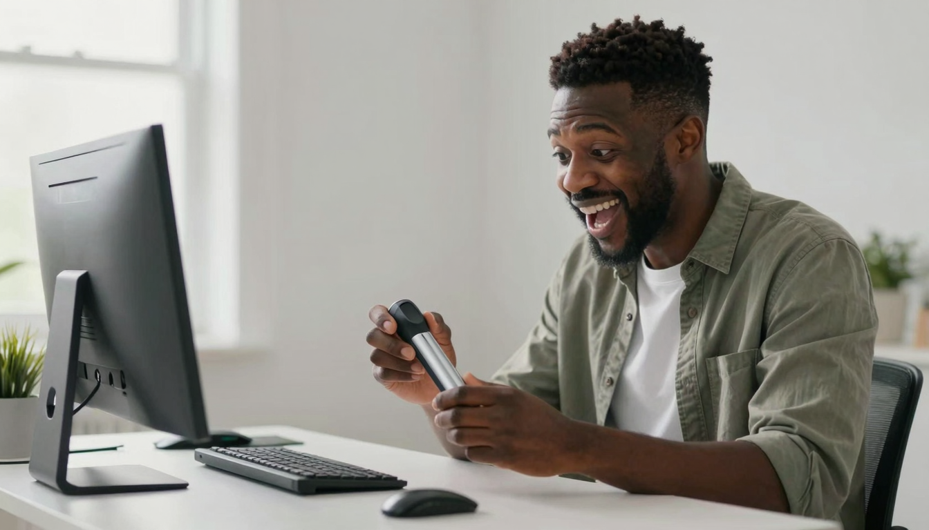 Black male tech enthusiast unboxing advertising icon tool, clean desk setup, excited genuine reaction - advertising icon