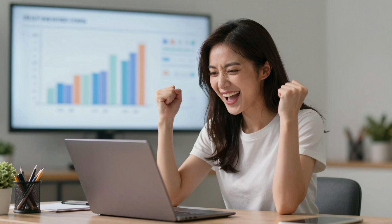 Young woman celebrating advertising icon campaign success, laptop open with graphs, fist pump expression - advertising icon