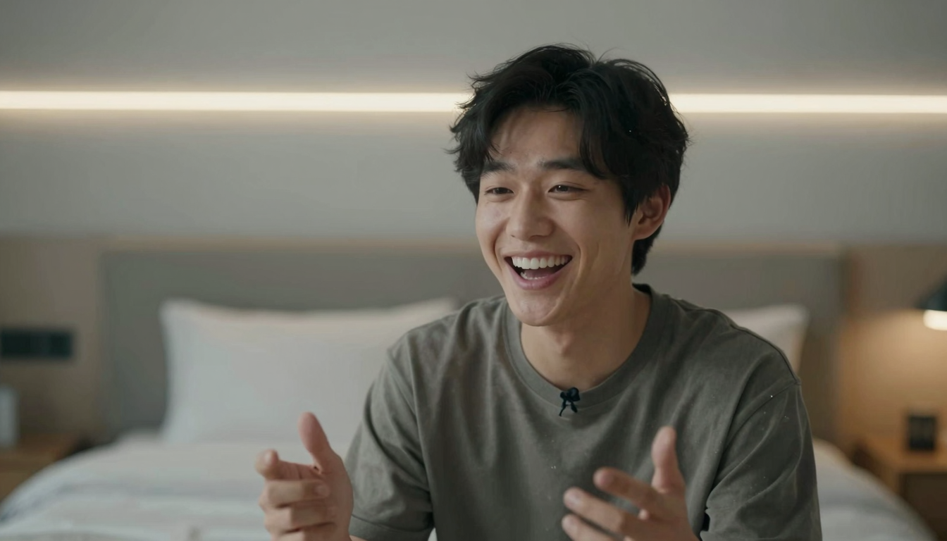 Young creator filming advertising icon testimonial, bedroom setup with LED strips, genuine enthusiastic smile - advertising icon