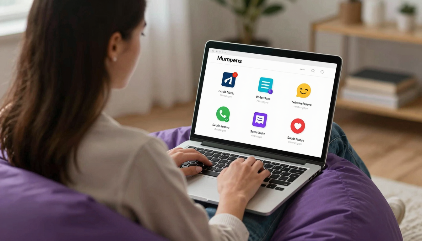 Female social media manager scheduling advertising icon campaigns, laptop in beanbag chair, casual creative vibe - advertising icon