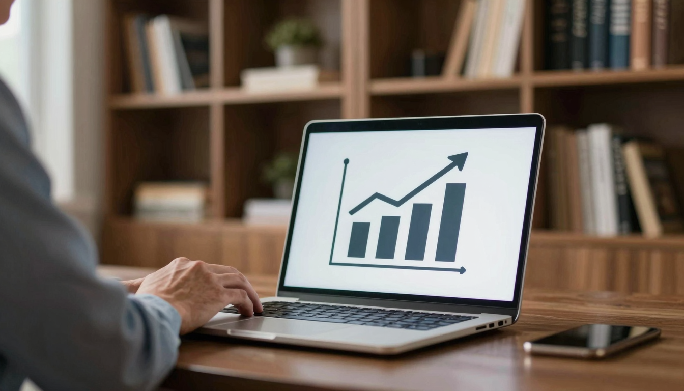 Middle-aged businessman evaluating advertising icon ROI on laptop, executive home office, bookshelf background - advertising icon