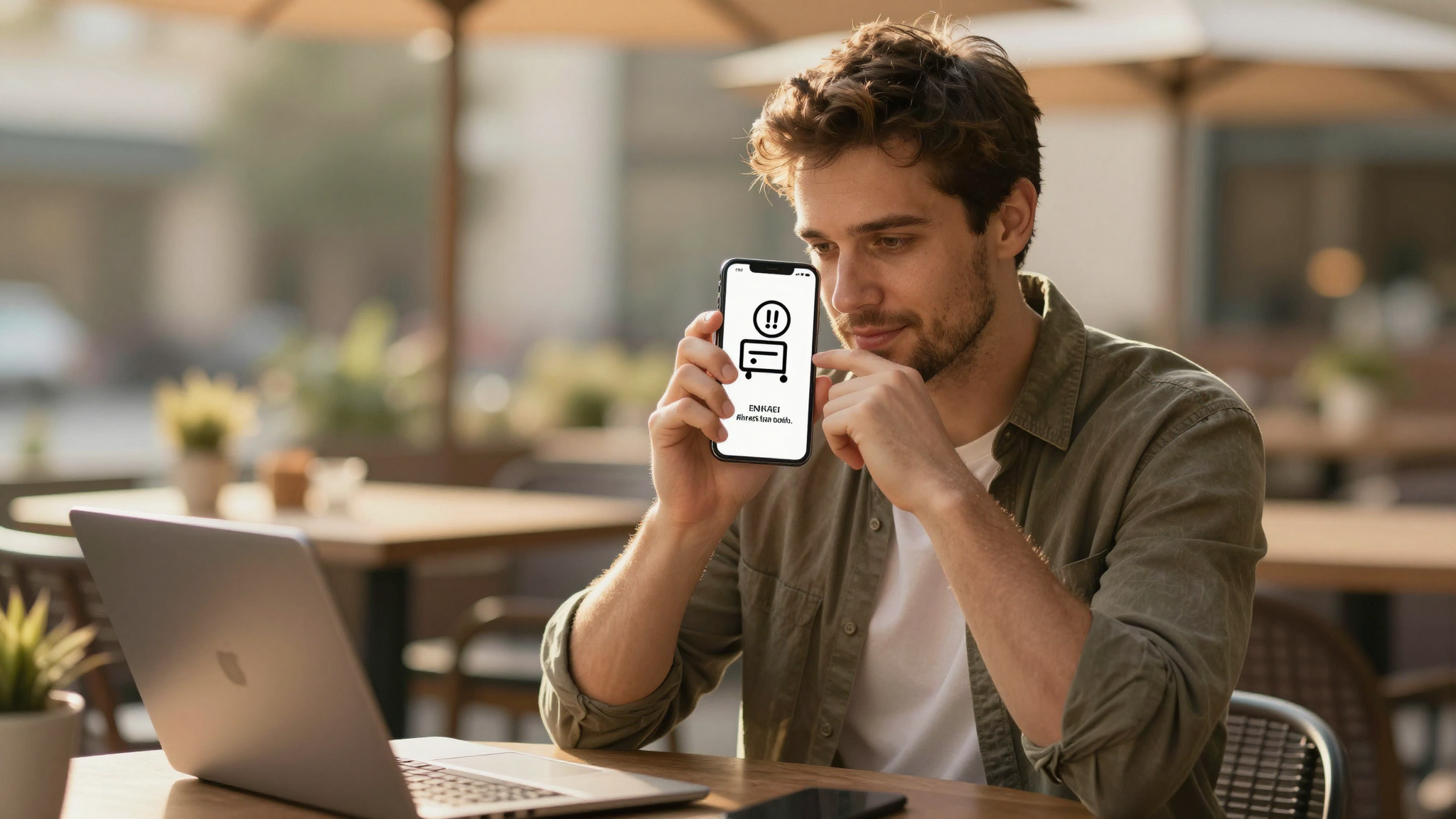 Male freelancer comparing advertising icon options on phone, outdoor cafe terrace, golden hour lighting - advertising icon