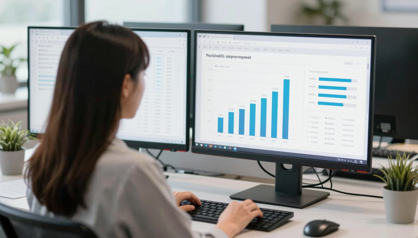 Female data analyst reviewing advertising icon performance metrics, dual monitors, clean modern workspace - advertising icon