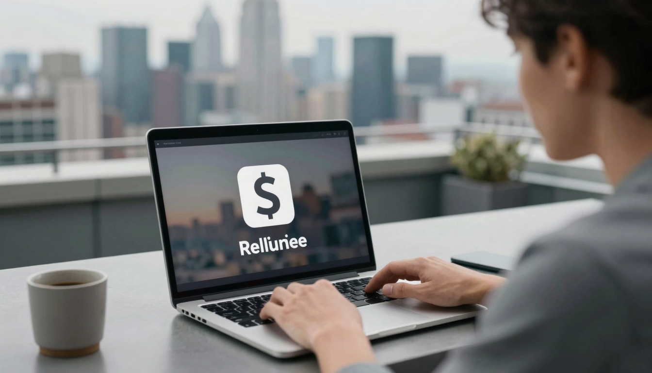 Male content strategist editing advertising icon video on MacBook, rooftop terrace with city skyline backdrop - advertising icon
