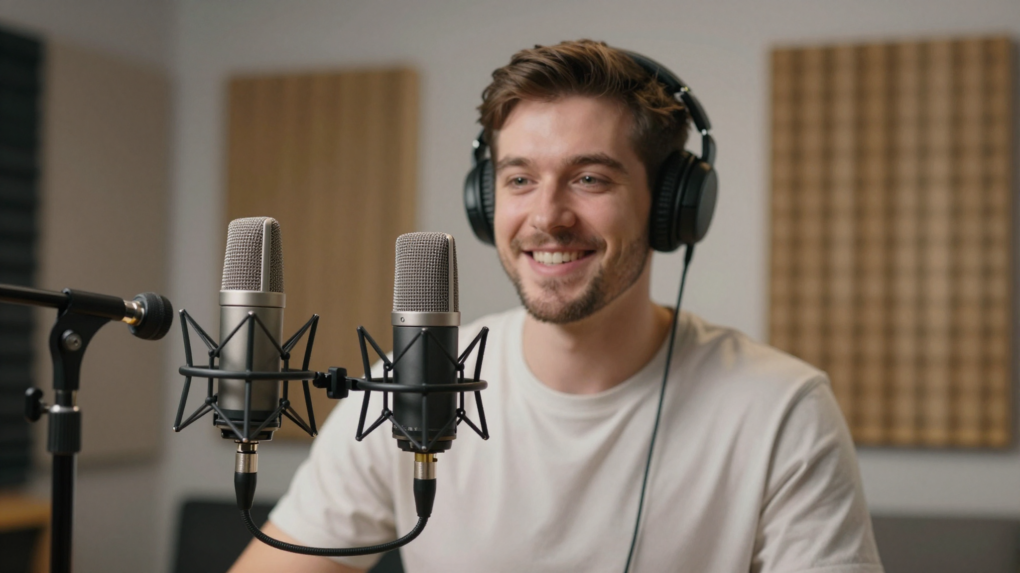 Male vlogger discussing advertising icon trends, home studio with acoustic panels, professional microphone - advertising icon